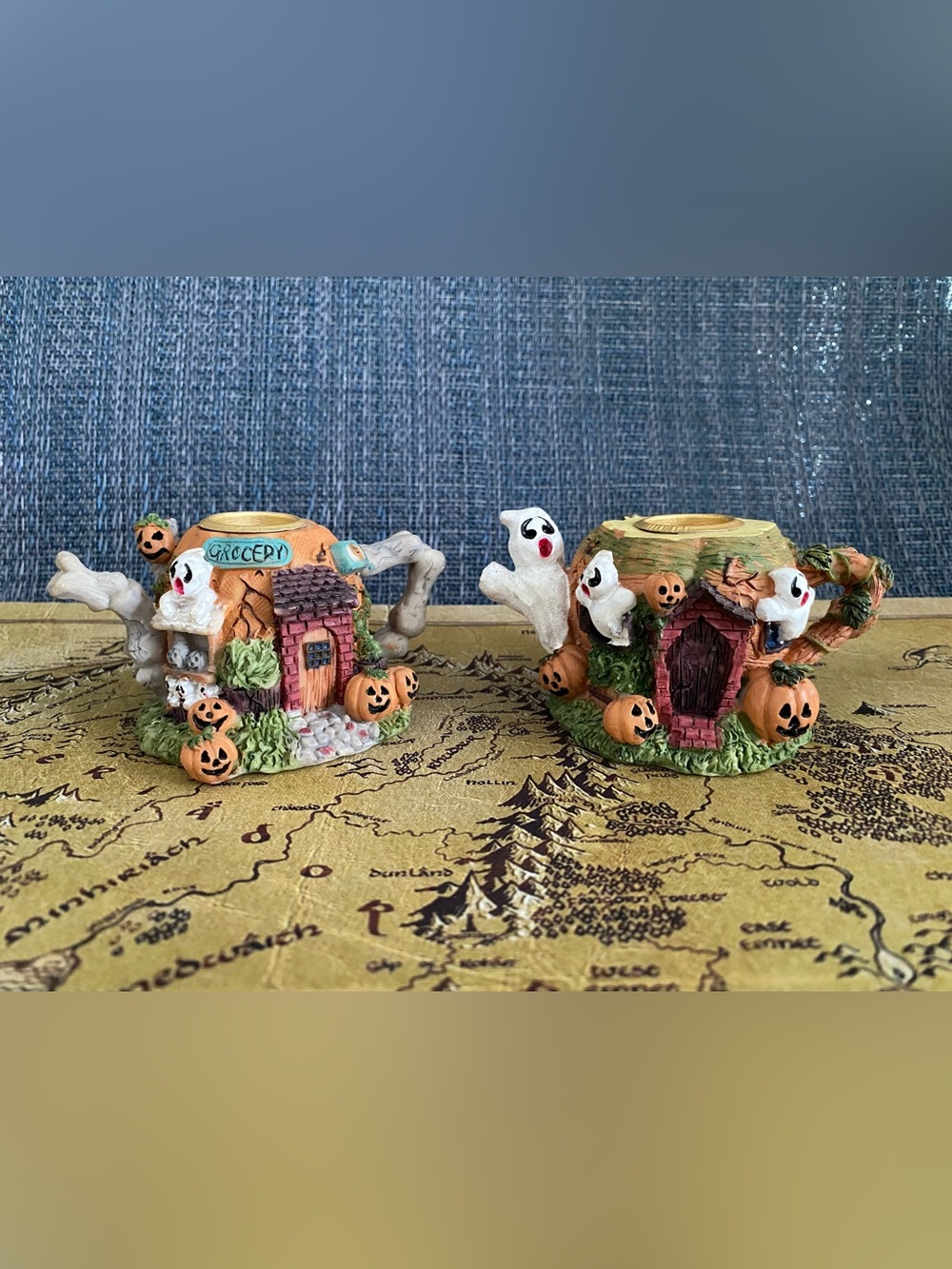 Justen Products Halloween Teapot Ghost Pumpkin Taper Candle Holders Set of 2
